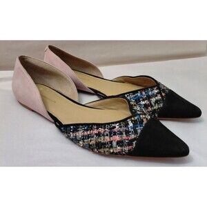 Anthropologie Black Pink D'Orsay Tweed Pointed Toe Leather Flats Shoes Size 11